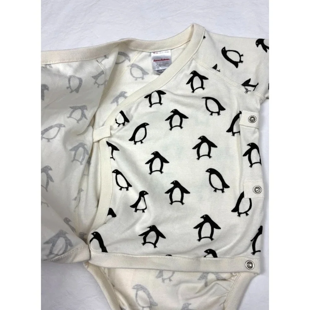 Hanna Andersson Beige Penguin Long Sleeve Wrap Bodysuit 12 18 mos Unisex 75 Baby